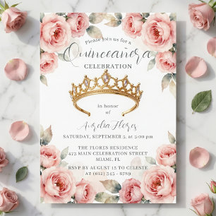 Invitación Rosas rosadas románticas y tiara de oro Quinceañer