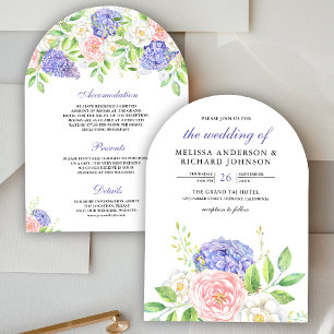 Invitación Rosas Rosadas Rubor Hortensias Purpúreas Boda Flor