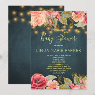 Invitación Rosas rosadas rubor luces doradas y navales baby s