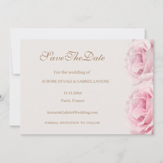 Invitación Rosas Rosadas Rubor Marfil Oro Salva La Fecha Boda (Anverso)
