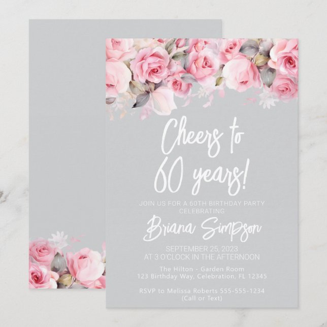 Invitación Rosas rosadas sobre fiesta de cumpleaños número 60 (Anverso / Reverso)