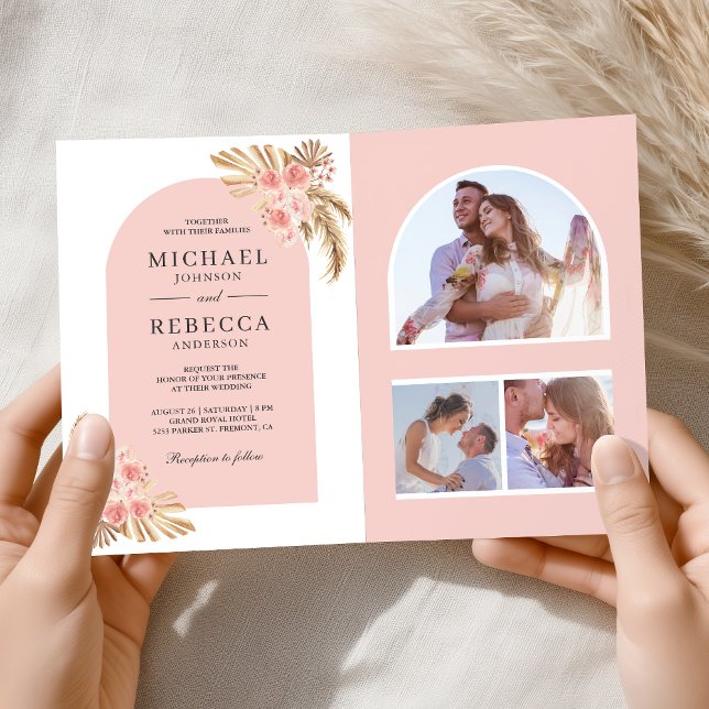 Invitación Rosas rosadas sonrojadas Arco de Pampas Boho Códig (Subido por el creador)