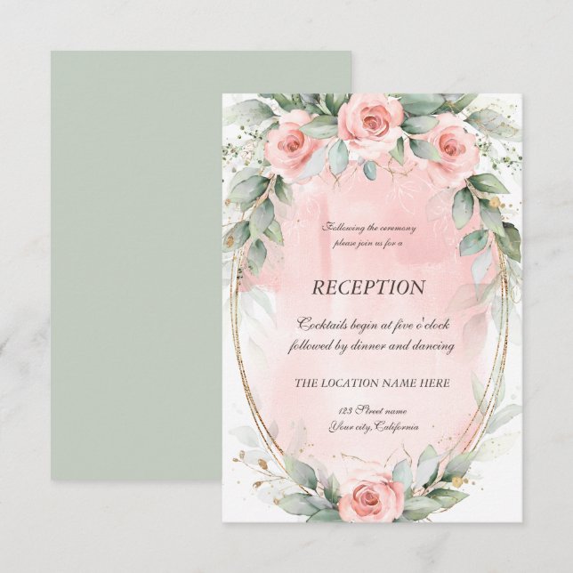 Invitación Rosas rosadas sonrojadas marco de oro Recepción   (Anverso / Reverso)