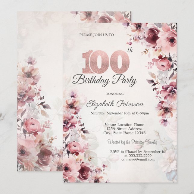Invitación Rosas Rosadas Sonrojo Cumpleaños 100 (Anverso / Reverso)