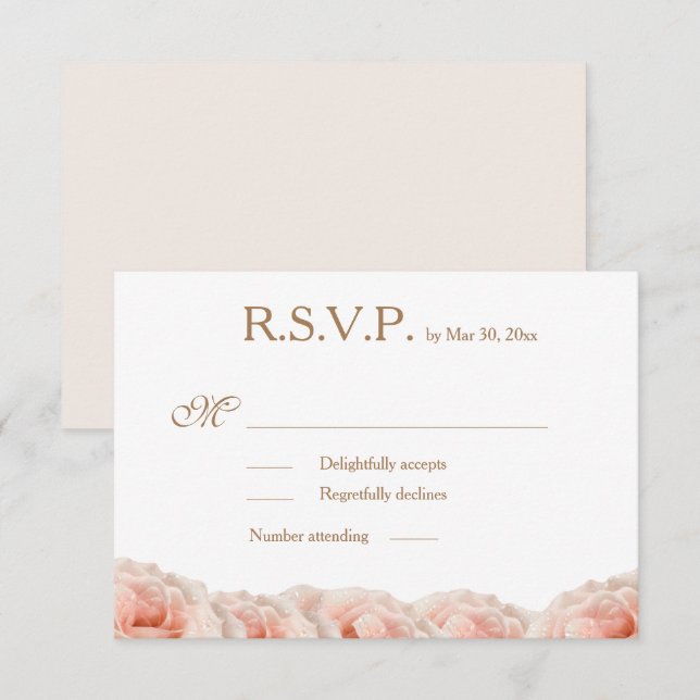 Invitación Rosas Rosadas Sonrojo Floral Oro Blanco RSVP Boda (Anverso / Reverso)