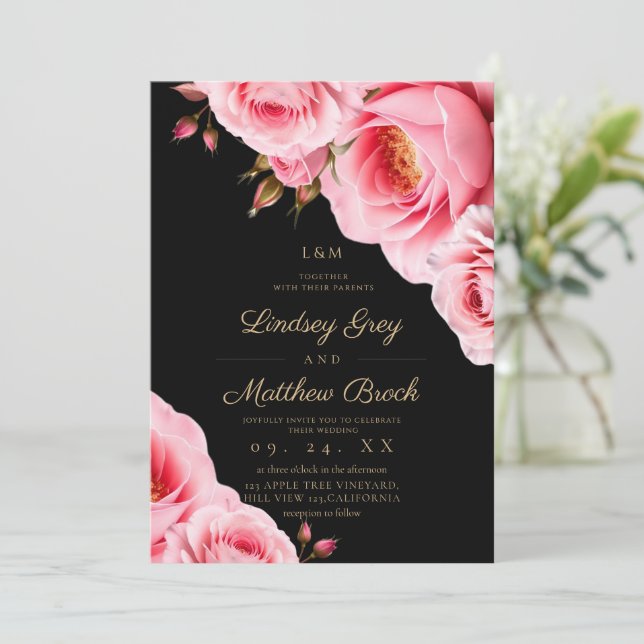Invitación Rosas rosadas sonrojo modernas bodas divinas (Anverso de pie)