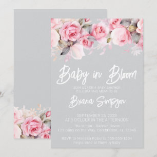 Invitación Rosas rosadas tema floral gris baby shower niña