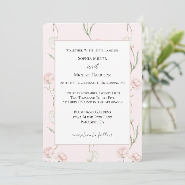Invitación Rosas Rosadas Tulipanes Blancos Boda (Anverso de pie)