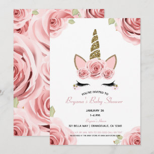 Invitación Rosas rosadas unicornio de purpurina dorada baby s