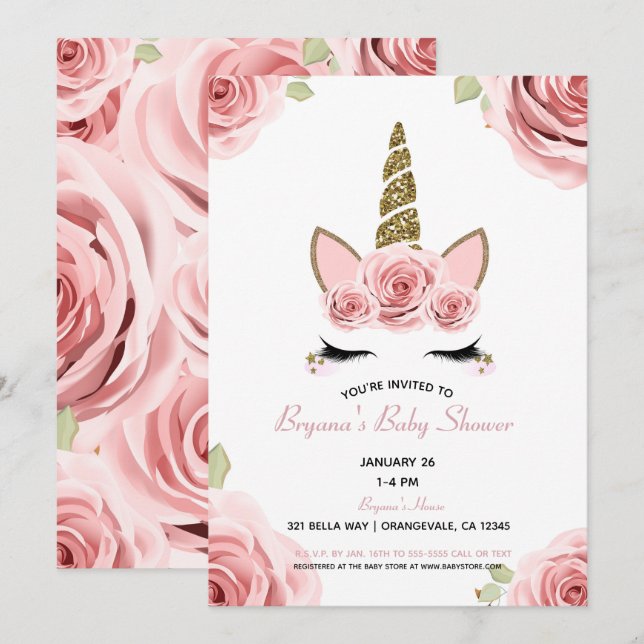 Invitación Rosas Rosadas Unicornio de Purpurina Dorada Baby S (Anverso / Reverso)