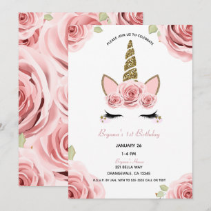 Invitación Rosas rosadas unicornio de purpurina dorada Cumple