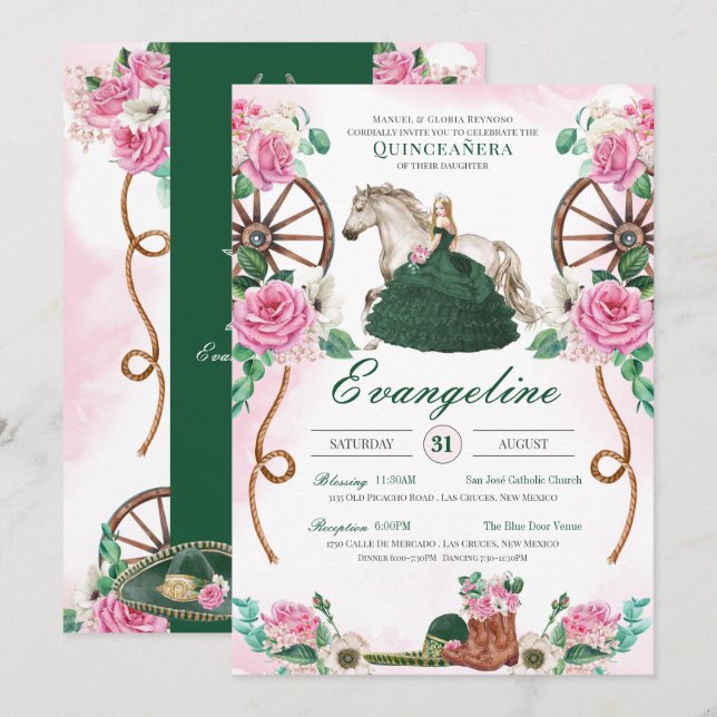 Invitación Rosas rosadas verde esmeraldas encantan el arroz (Anverso / Reverso)