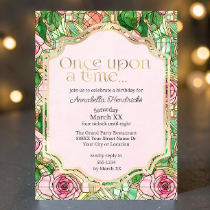 Invitación Rosas rosadas vidrio emplomado Bella durmiente cue