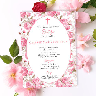 Invitación Rosas rosadas vintage españolas Bautizo floral
