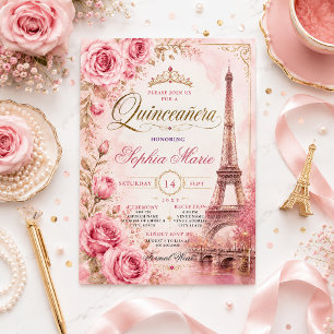 Invitación Rosas rosadas vintage Torre Eiffel Quinceañera 