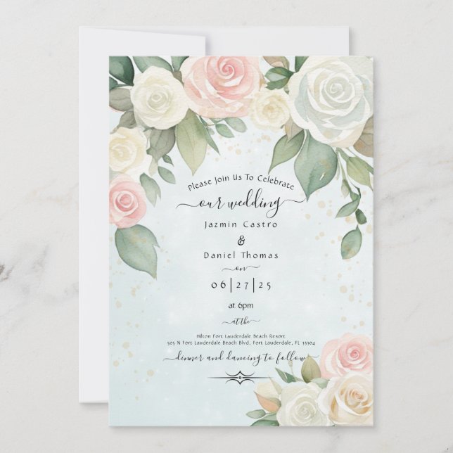 Invitación Rosas rosadas y blancas flores crepusculares (Anverso)
