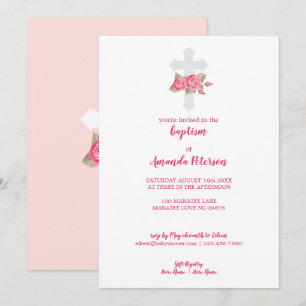 Invitación Rosas rosadas y blancas lindas Cruz Bautizo