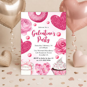 Invitación Rosas rosadas y brillantes y cupcakes Día de Galen
