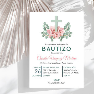 Invitación Rosas rosadas y deja bautizo bautizo castellano