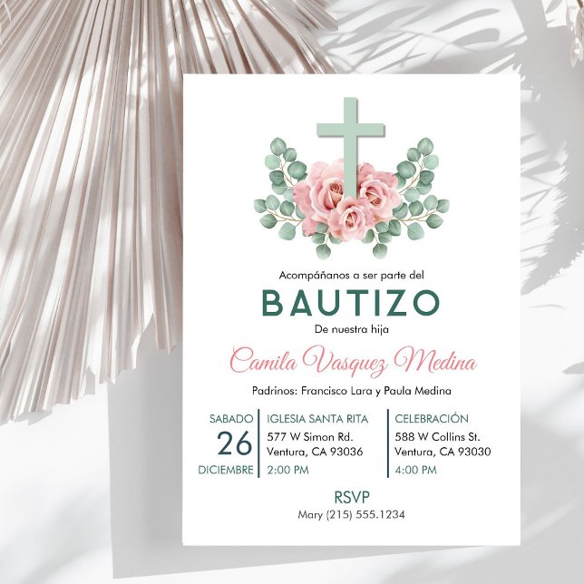 Invitación Rosas rosadas y deja bautizo bautizo castellano (Subido por el creador)
