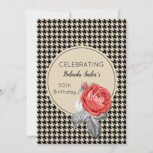 Invitación Rosas rosadas y diseño de pata de gallo Fiesta de 