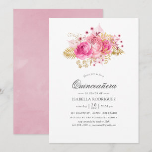 Invitación Rosas rosadas y doradas Quinceañera acuarela