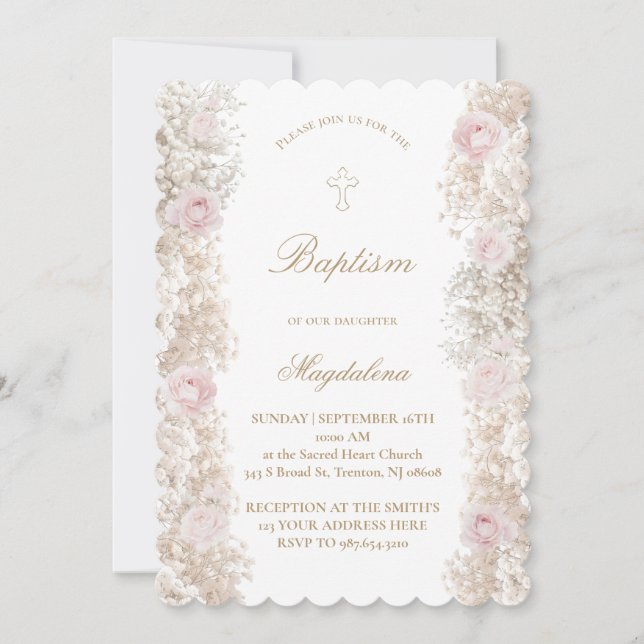 Invitación Rosas rosadas y flores de aliento de bebé Bautismo (Anverso)