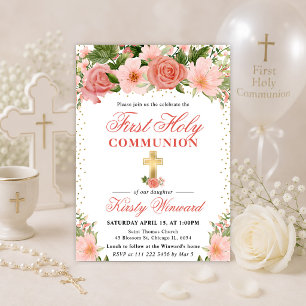 Invitación Rosas rosadas y flores Primera Comunión