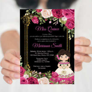 Invitación Rosas rosadas y fondo negro Quinceanera  