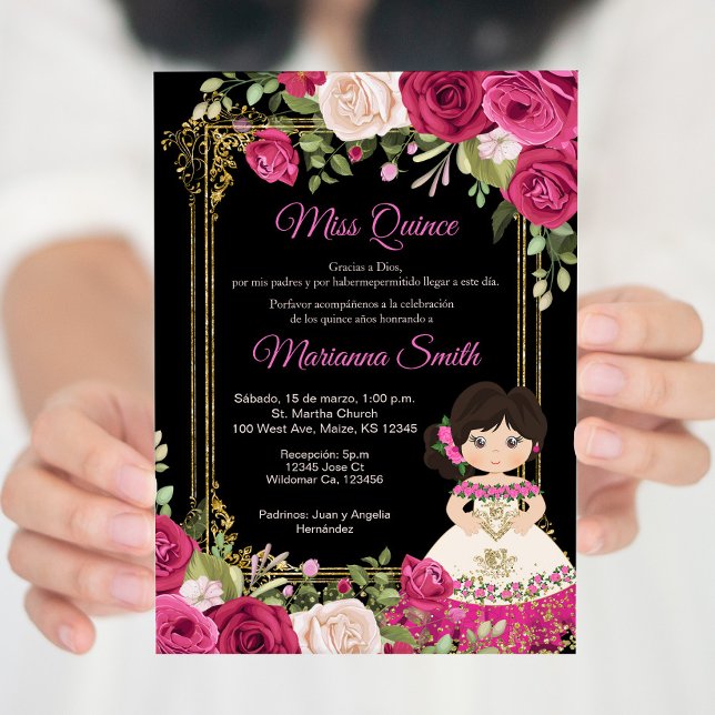 Invitación Rosas rosadas y fondo negro Quinceañera   (Subido por el creador)