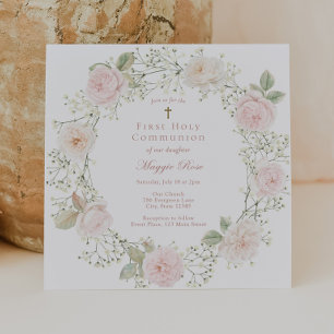 Invitación Rosas rosadas y niña con aliento de bebé Comunión