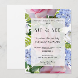 Invitación Rosas rosadas y plumbago azul Sip & See