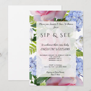 Invitación Rosas rosadas y plumbago azul Sip & See