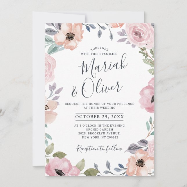 Invitación Rosas rosadas y polvorientas Boda floral de verano (Anverso)
