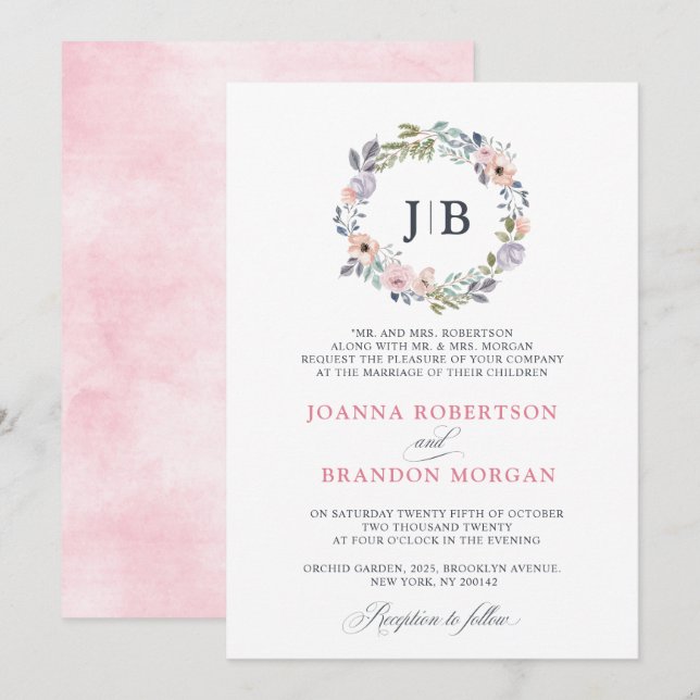 Invitación Rosas rosadas y polvorientas Boda floral de verano (Anverso / Reverso)