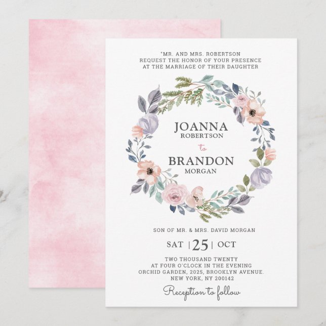 Invitación Rosas rosadas y polvorientas Boda floral de verano (Anverso / Reverso)