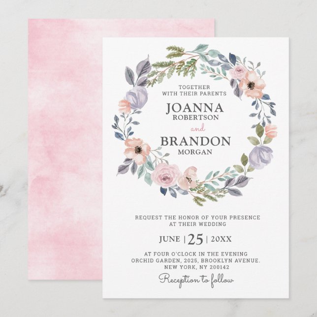 Invitación Rosas rosadas y polvorientas Boda floral de verano (Anverso / Reverso)