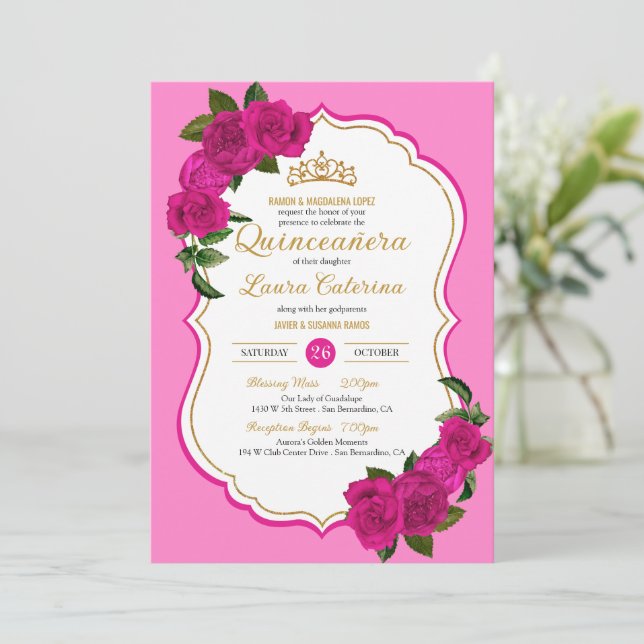 Invitación Rosas rosados calientes Quinceanera elegante de co (Anverso de pie)