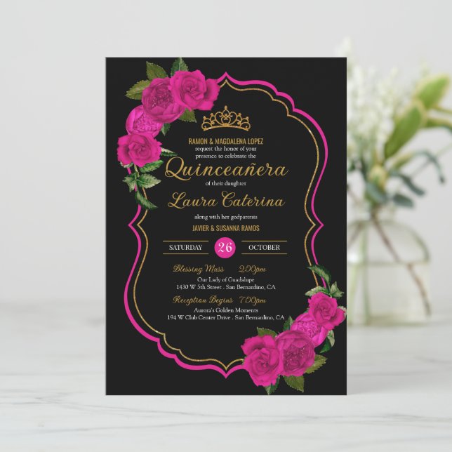Invitación Rosas rosados calientes Quinceanera elegante de co (Anverso de pie)