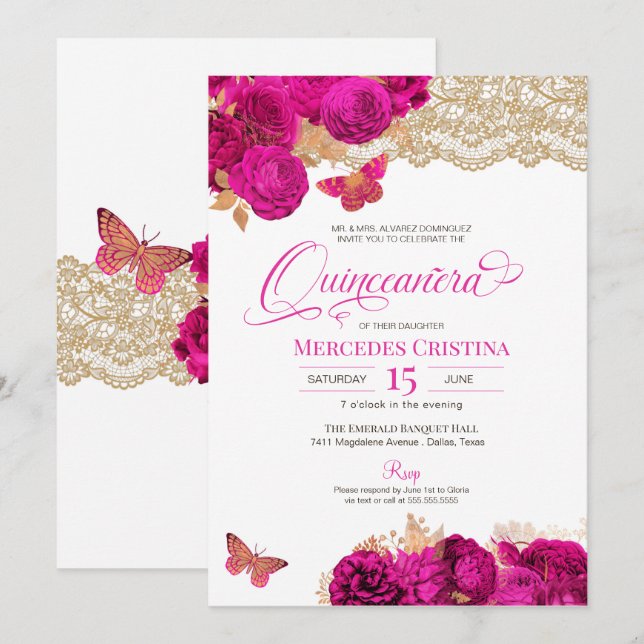 Invitación Rosas rosados calientes y mariposa de encaje Quinc (Anverso / Reverso)
