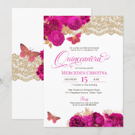 Invitación Rosas rosados calientes y mariposa de encaje Quinc