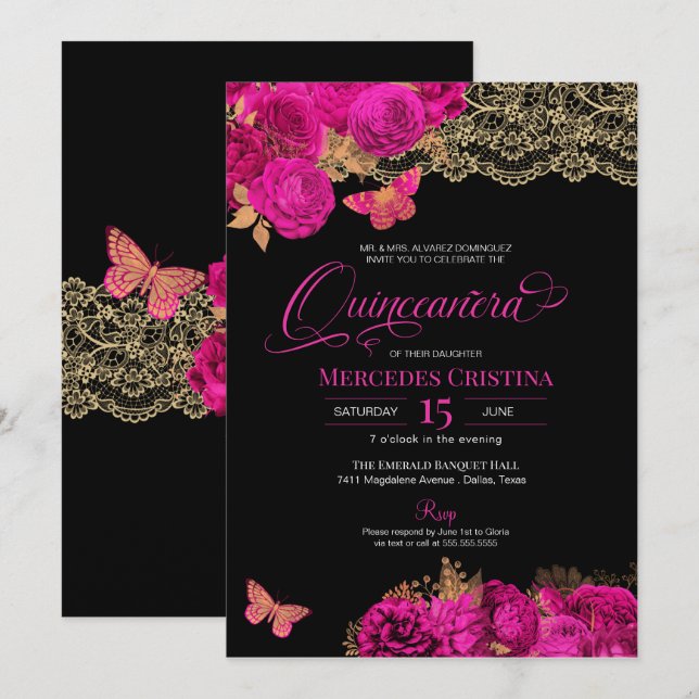 Invitación Rosas rosados calientes y mariposa de encaje Quinc (Anverso / Reverso)