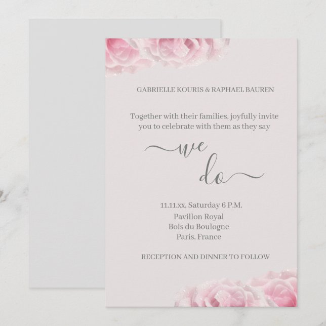 Invitación Rosas rosados de verdad floridos Gris Elegante Lo  (Anverso / Reverso)