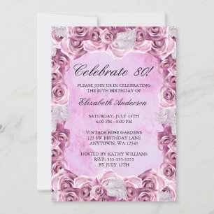 Invitación Rosas rosados del vintage y cumpleaños de la pluma