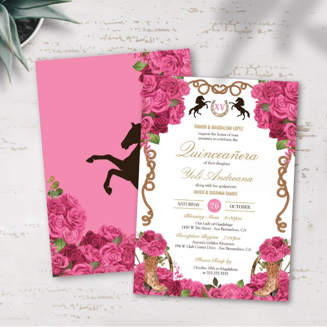 Invitación Rosas rosados occidentales Charro Quinceanera (Subido por el creador)