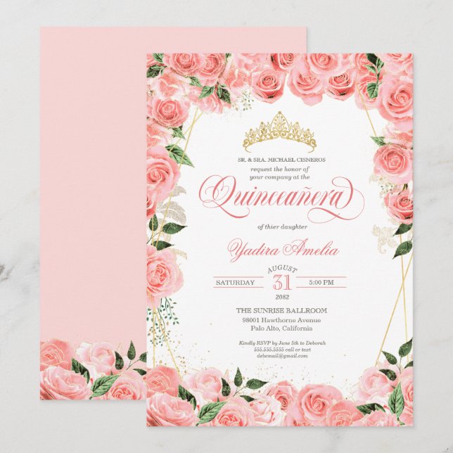 Invitación Rosas rosados Rubor & Gold Glam Elegante Quinceane (Anverso / Reverso)