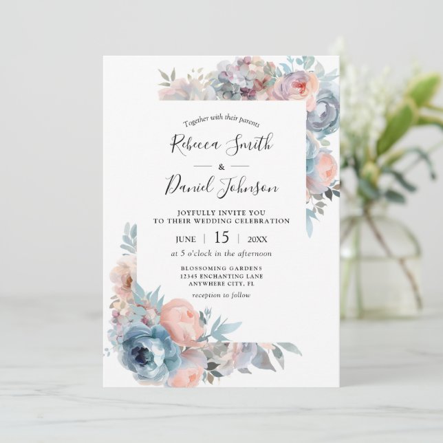 Invitación Rosas rosados y azul turbio Boda floral acuarela (Anverso de pie)