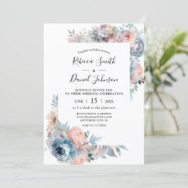Invitación Rosas rosados y azul turbio Boda floral acuarela