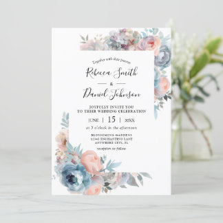 Invitación Rosas rosados y azul turbio Boda floral acuarela