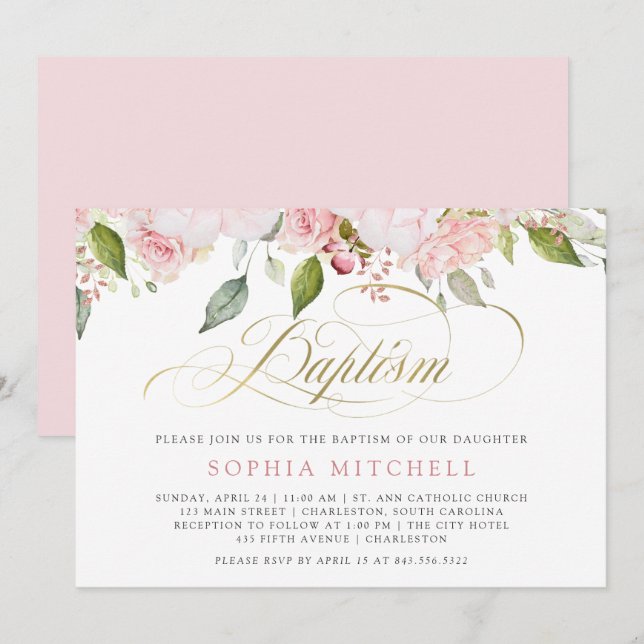 Invitación Rosas rosados y bautismo elegante de la escritura (Anverso / Reverso)